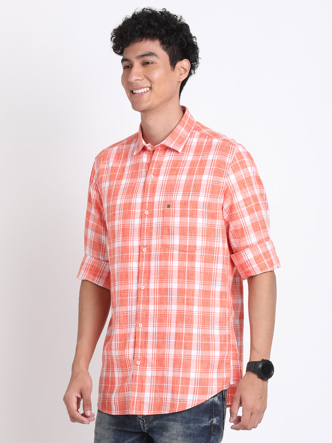 100% Cotton Orange Checkered Slim Fit Full Sleeve Casual Shirt