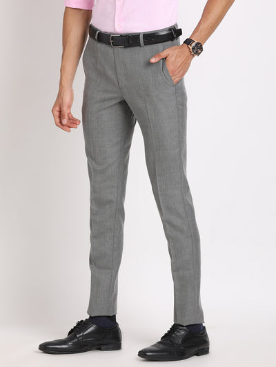 Poly Viscose Stretch Grey Checkered Ultra Slim Fit Flat Front Formal Trouser