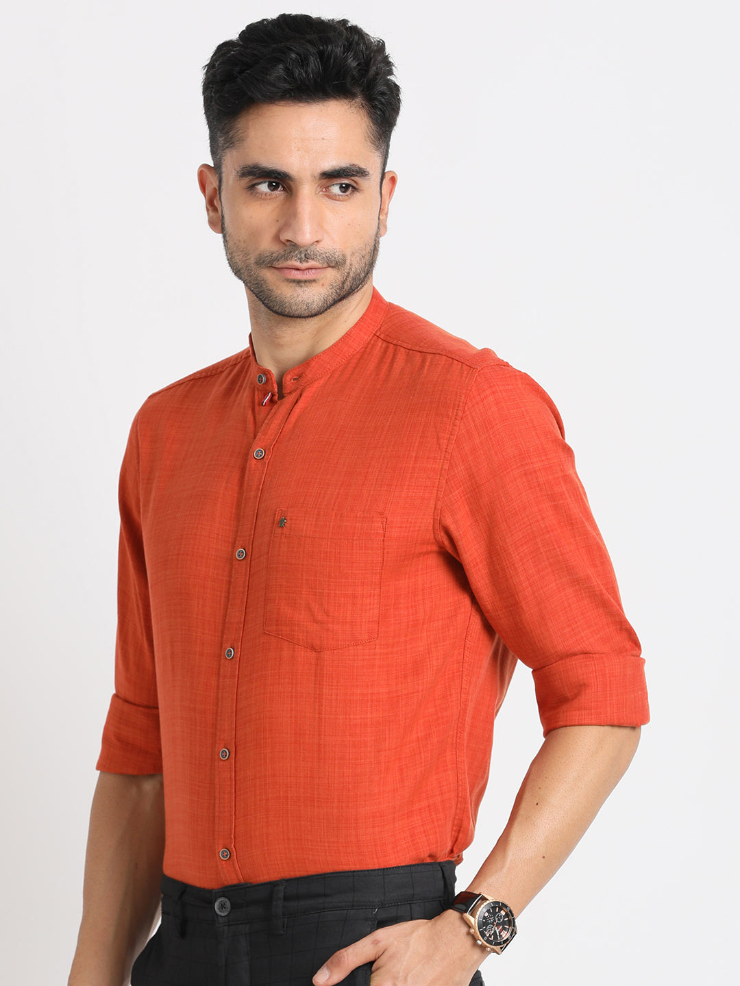 Cotton Lyocell Orange Plain Slim Fit Full Sleeve Casual Shirt