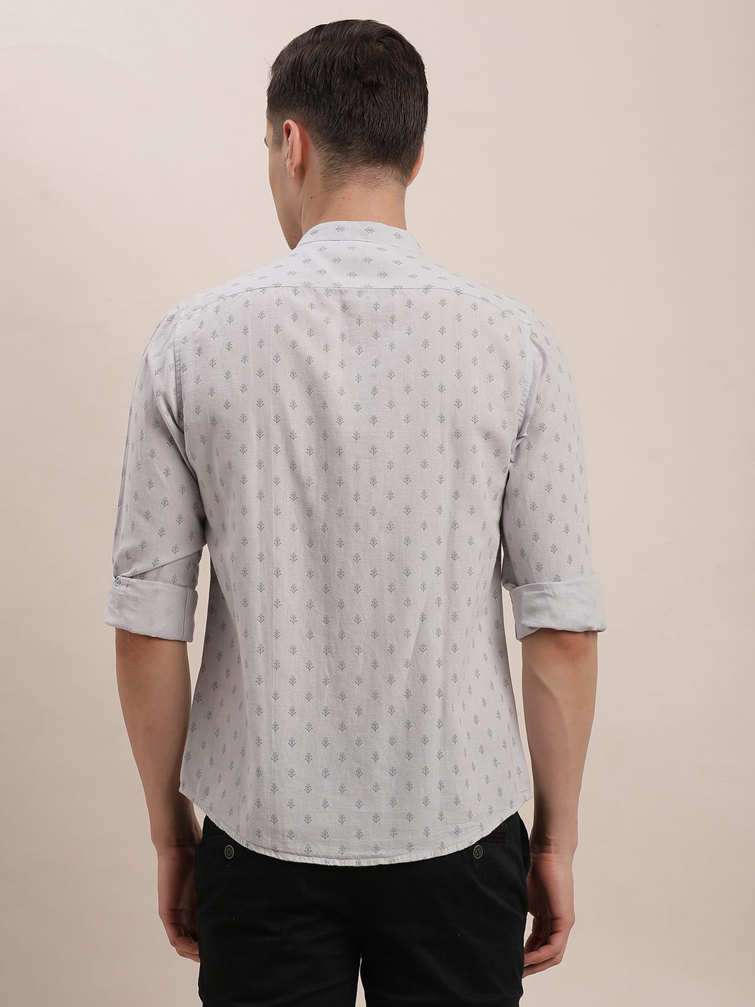 Cotton Linen Grey Printed Slim Fit Mandarin Collar Casual Shirt