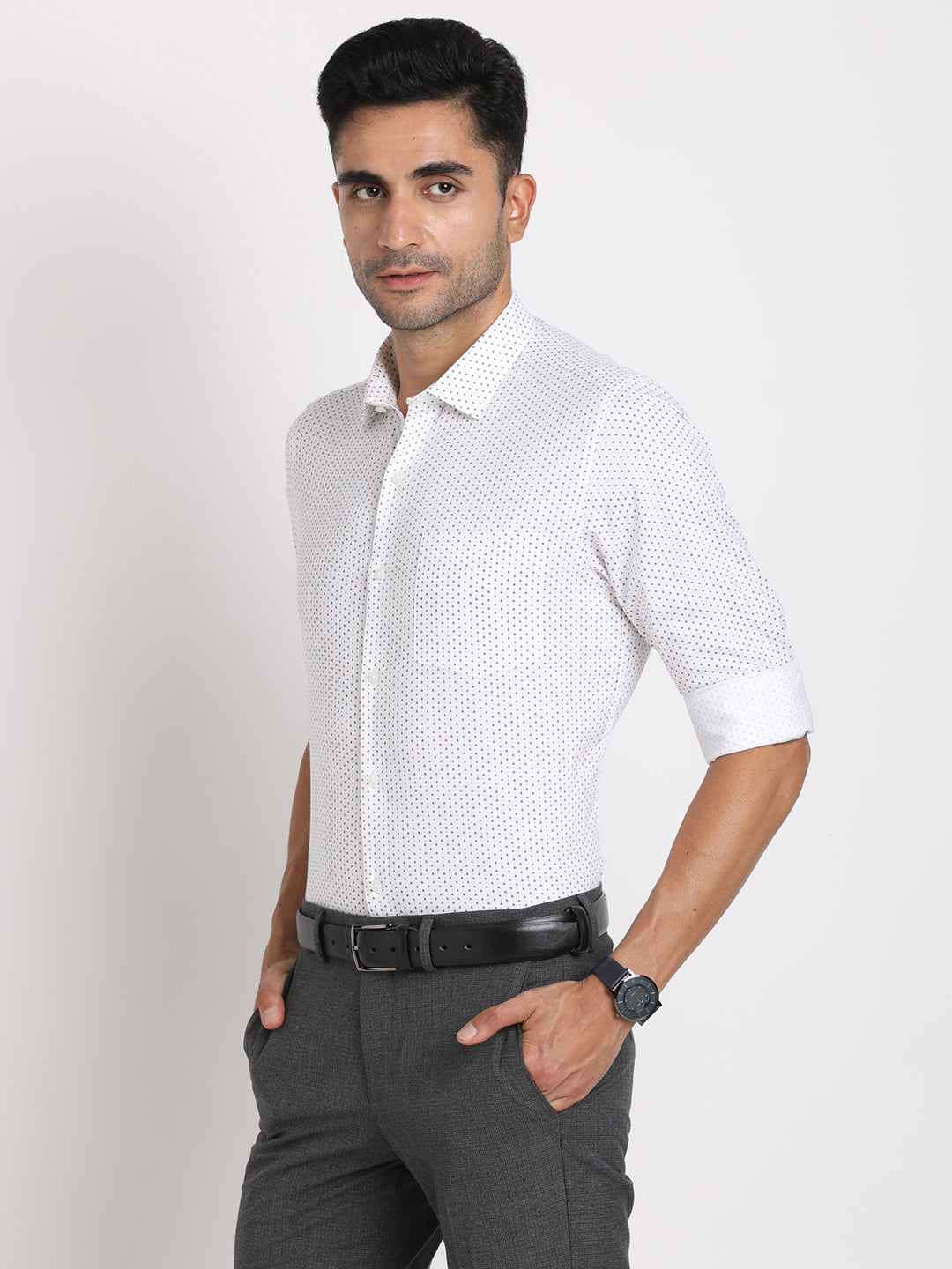 Cotton Tencel White Printed Slim Fit Full Sleeve Formal Shirt