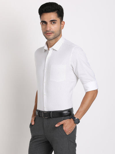 Cotton Tencel White Printed Slim Fit Full Sleeve Formal Shirt