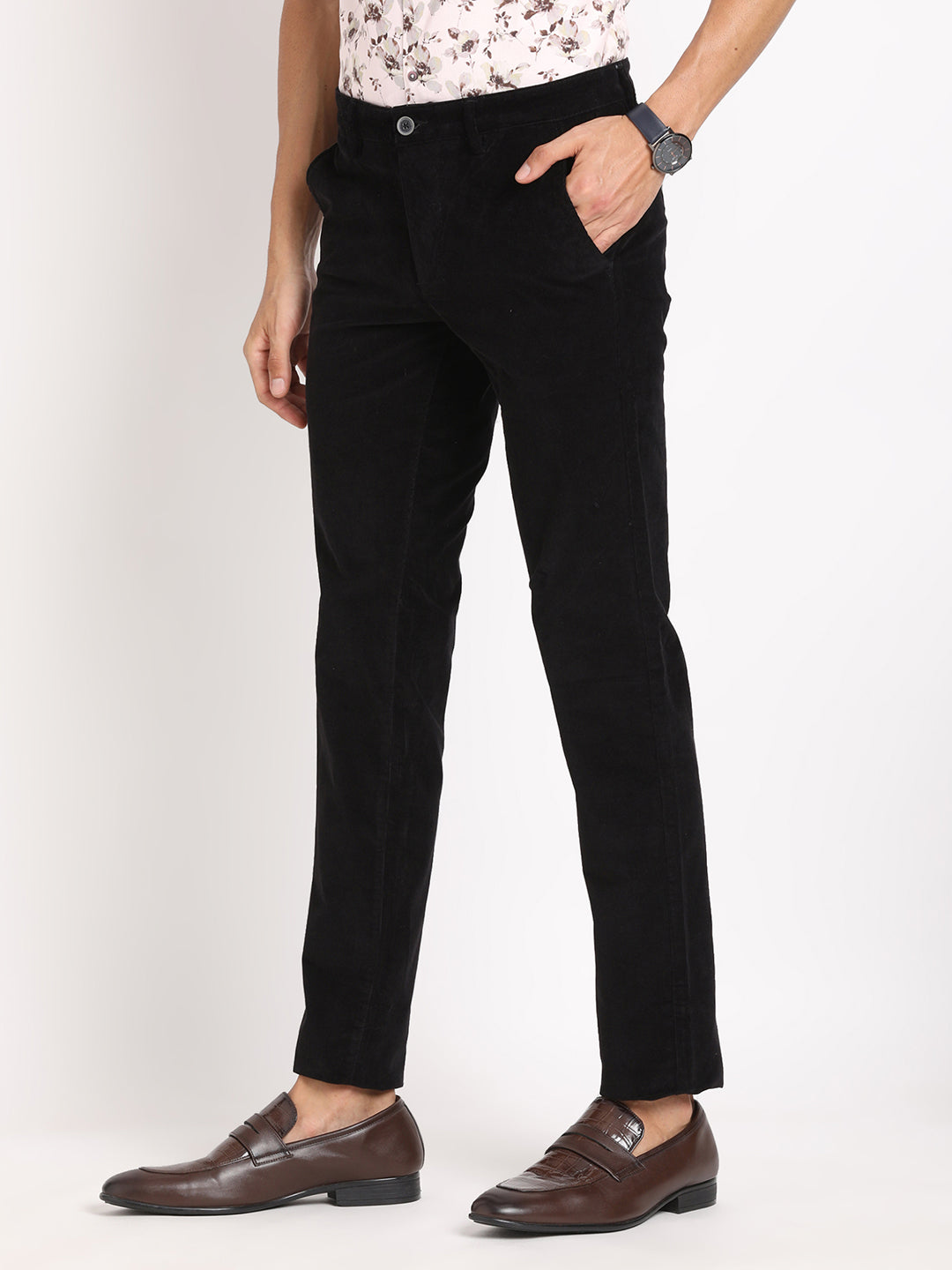 Cord Black Plain Ultra Slim Fit Flat Front Casual Trouser