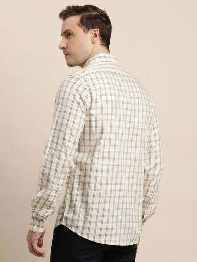 100% Cotton Cream Checkered Slim Fit Full Sleeve Casual Shirt