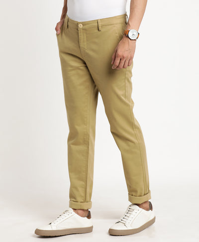 Cotton Stretch Khaki Printed Ultra Slim Fit Flat Front Casual Trouser