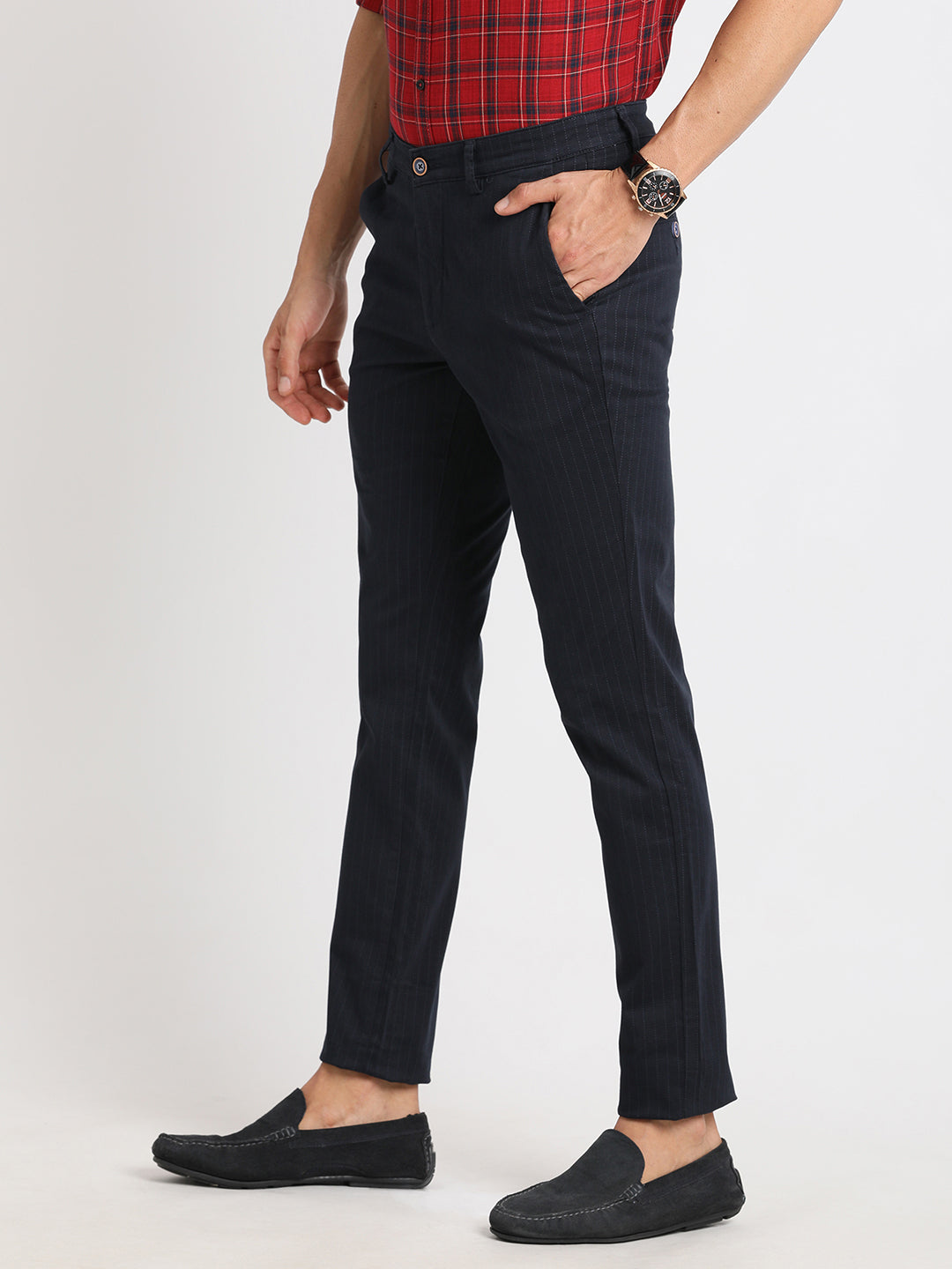 Cotton Stretch Navy Printed Narrow Fit Flat Front Casual Trouser