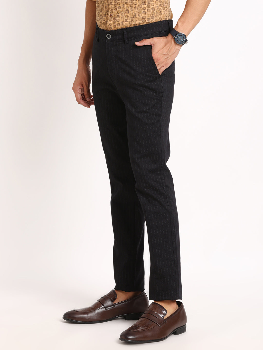 Cotton Stretch Black Printed Narrow Fit Flat Front Casual Trouser