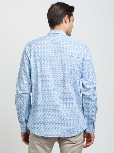 Cotton Linen Sky Blue Printed Slim Fit Full Sleeve Casual Shirt