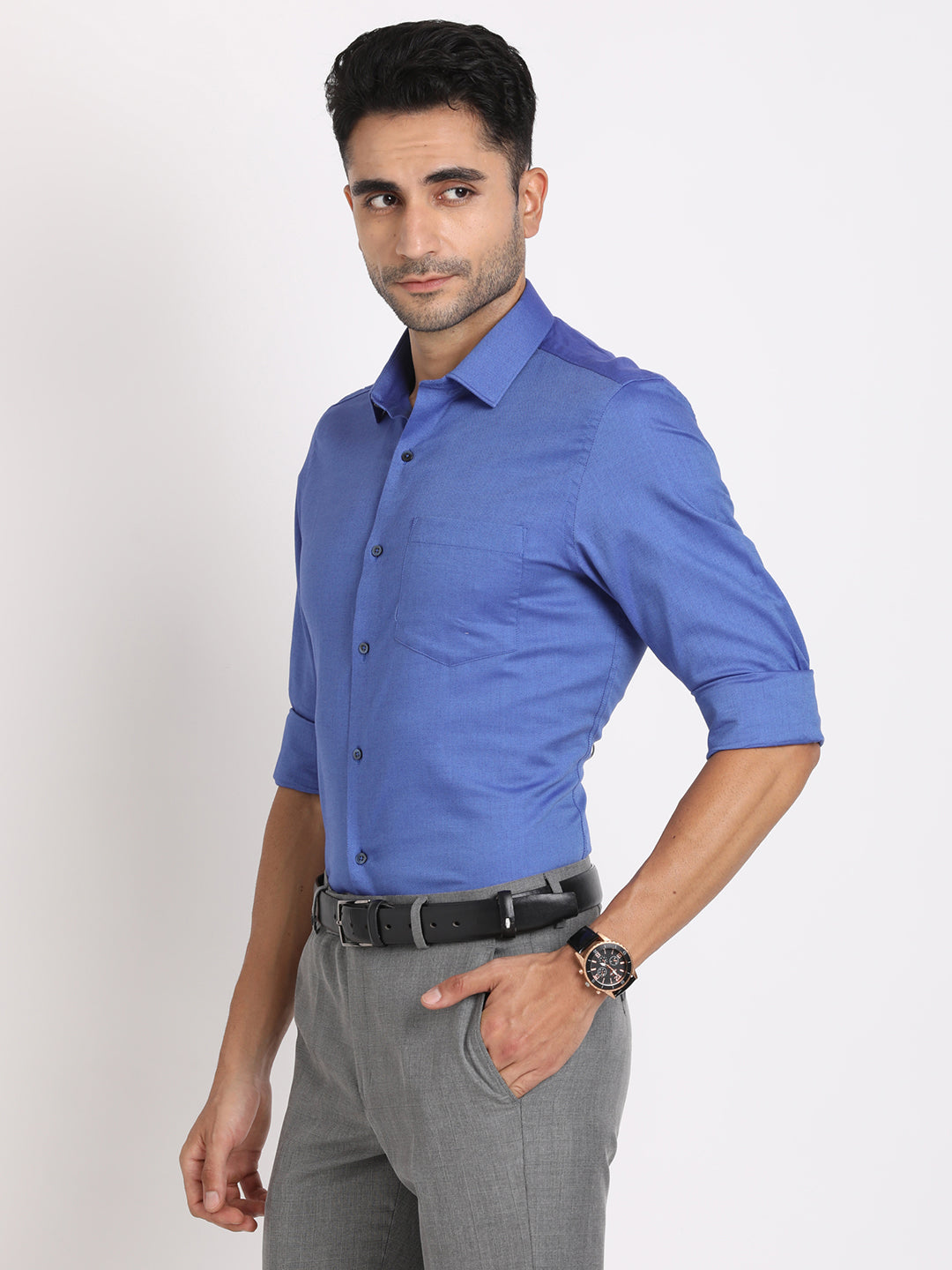 100% Cotton Blue Dobby Slim Fit Full Sleeve Formal Shirt