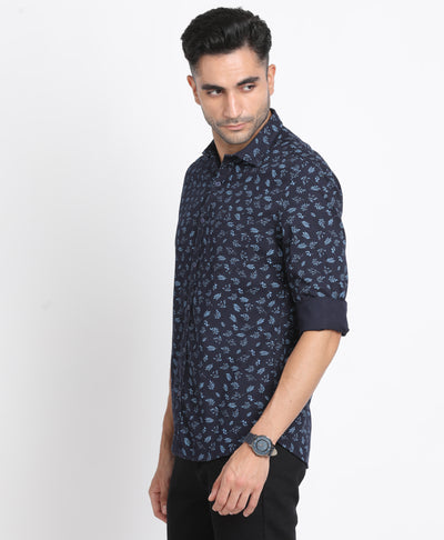 100% Cotton Navy Blue Printed Slim Fit Full Sleeve Casual Shirt