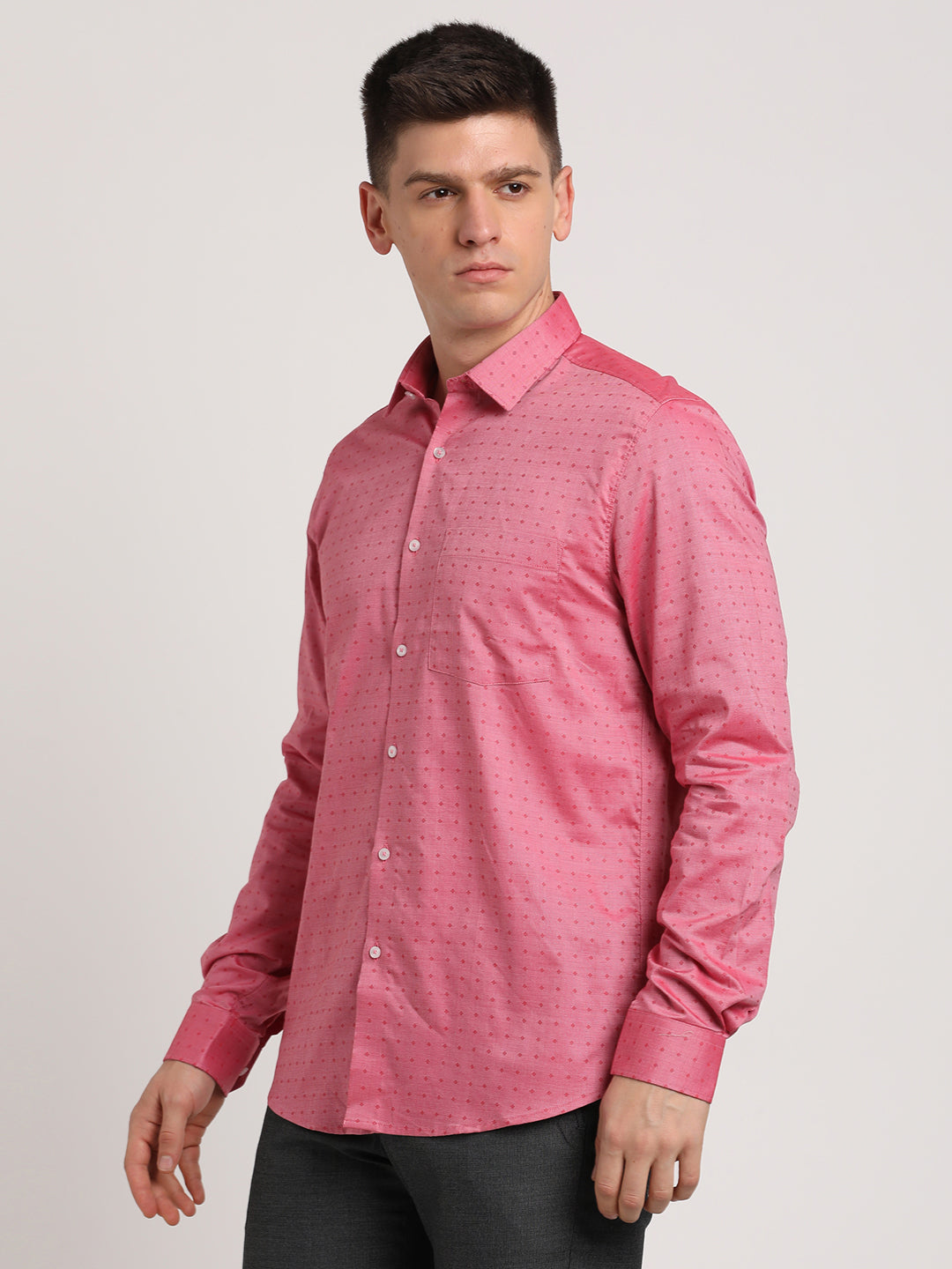 100% Cotton Dusty Pink Dobby Slim Fit Full Sleeve Formal Shirt