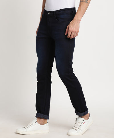 Cotton Stretch Navy Blue Plain Narrow Fit Flat Front Casual Jeans