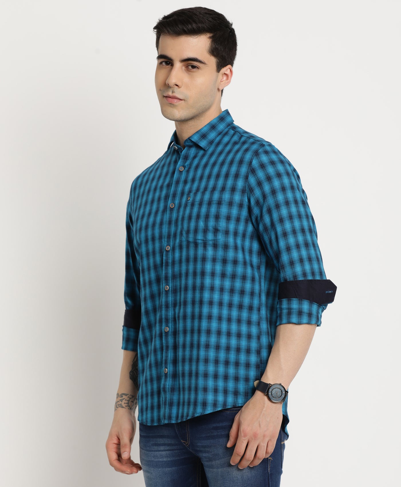 100% Cotton Teal Blue Checkered Slim Fit Full Sleeve Casual Shirt