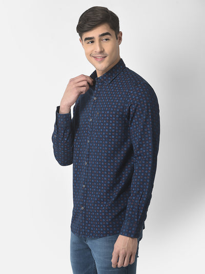 100% Cotton Indigo Navy Blue Printed Slim Fit Full Sleeve Casual Shirt