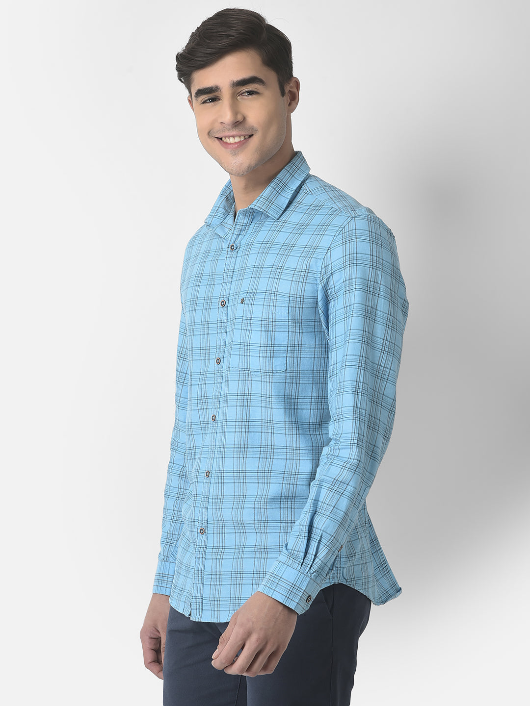 Cotton Melange Blue Checkered Slim Fit Full Sleeve Casual Shirt