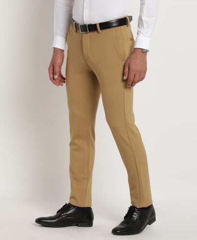 Cotton Stretch Khaki Plain Ultra Slim Fit Flat Front Casual Trouser