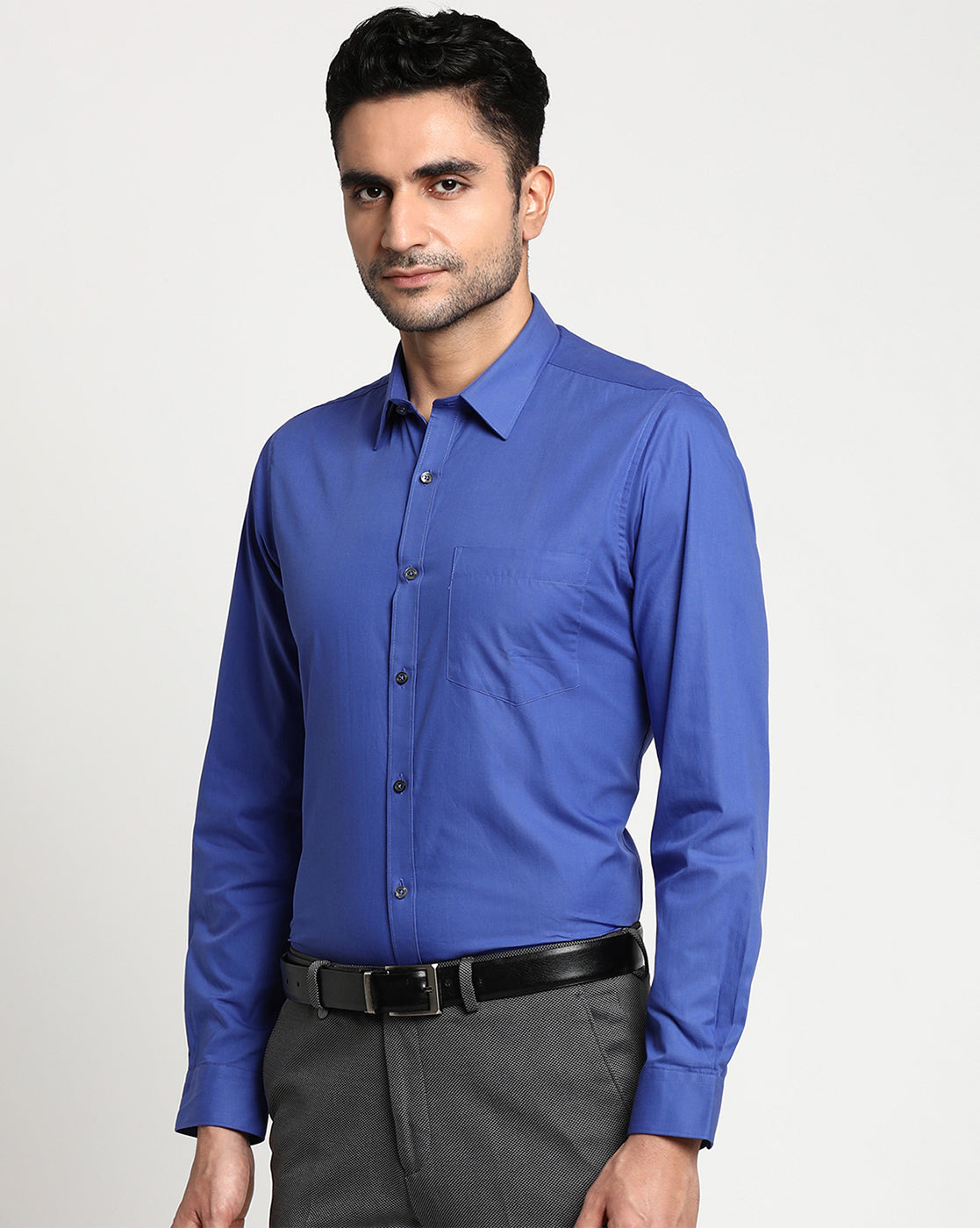 Giza Cotton Blue Plain Slim Fit Full Sleeve Formal Shirt