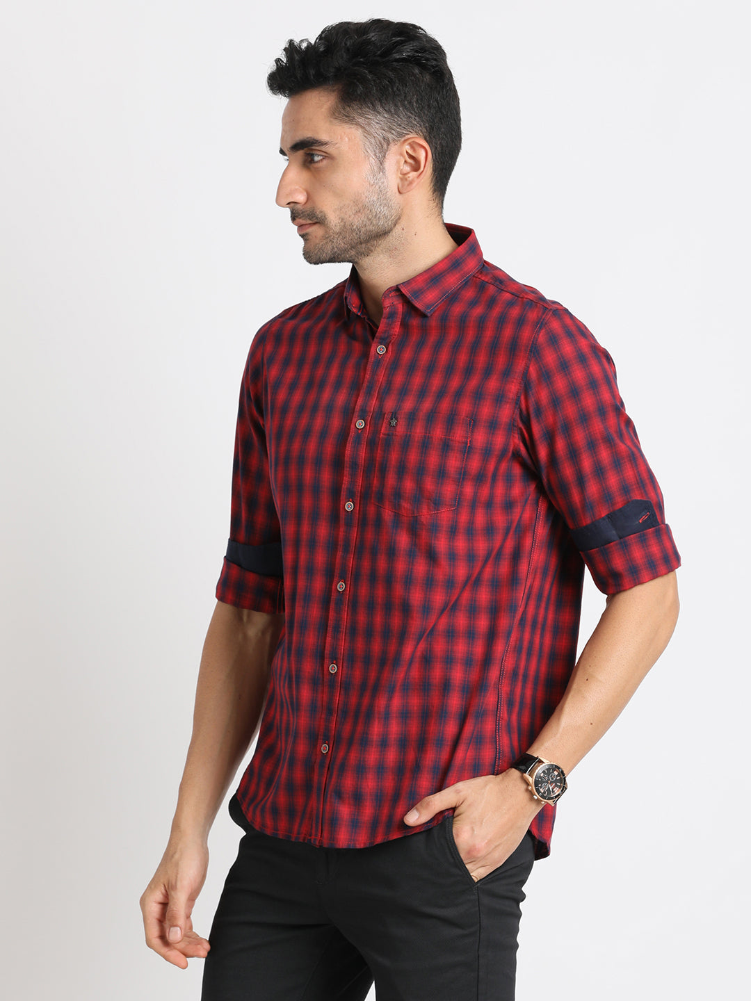 100% Cotton Red Checkered Slim Fit Full Sleeve Casual Shirt