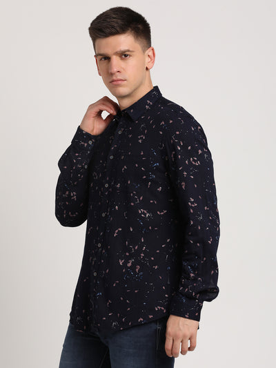 100% Cotton Navy Blue Printed Slim Fit Full Sleeve Casual Shirt