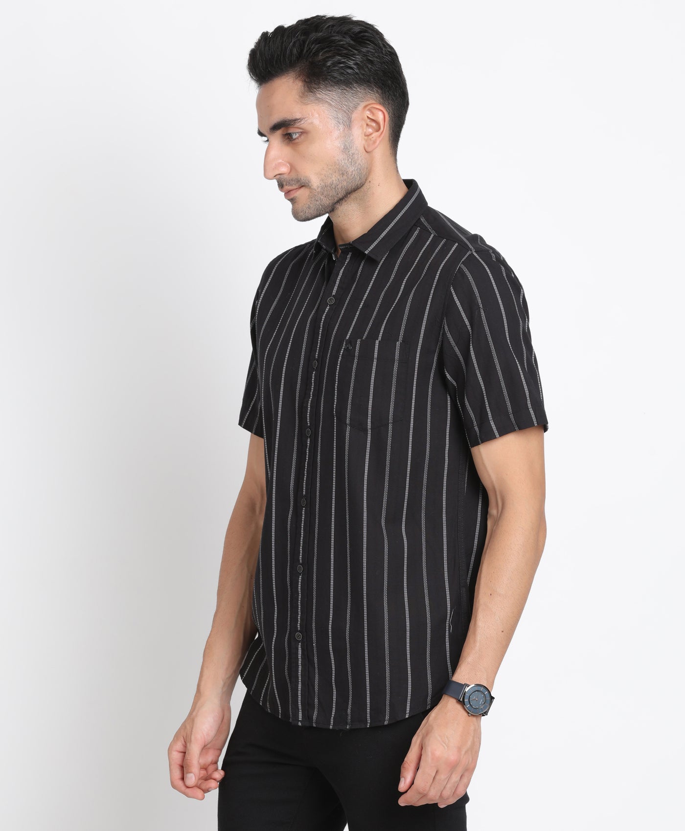 100% Cotton Black Striped Slim Fit Half Sleeve Casual Shirt
