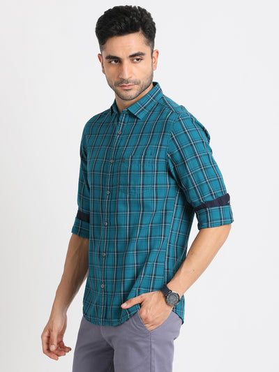 100% Cotton Blue Checkered Slim Fit Full Sleeve Casual Shirt