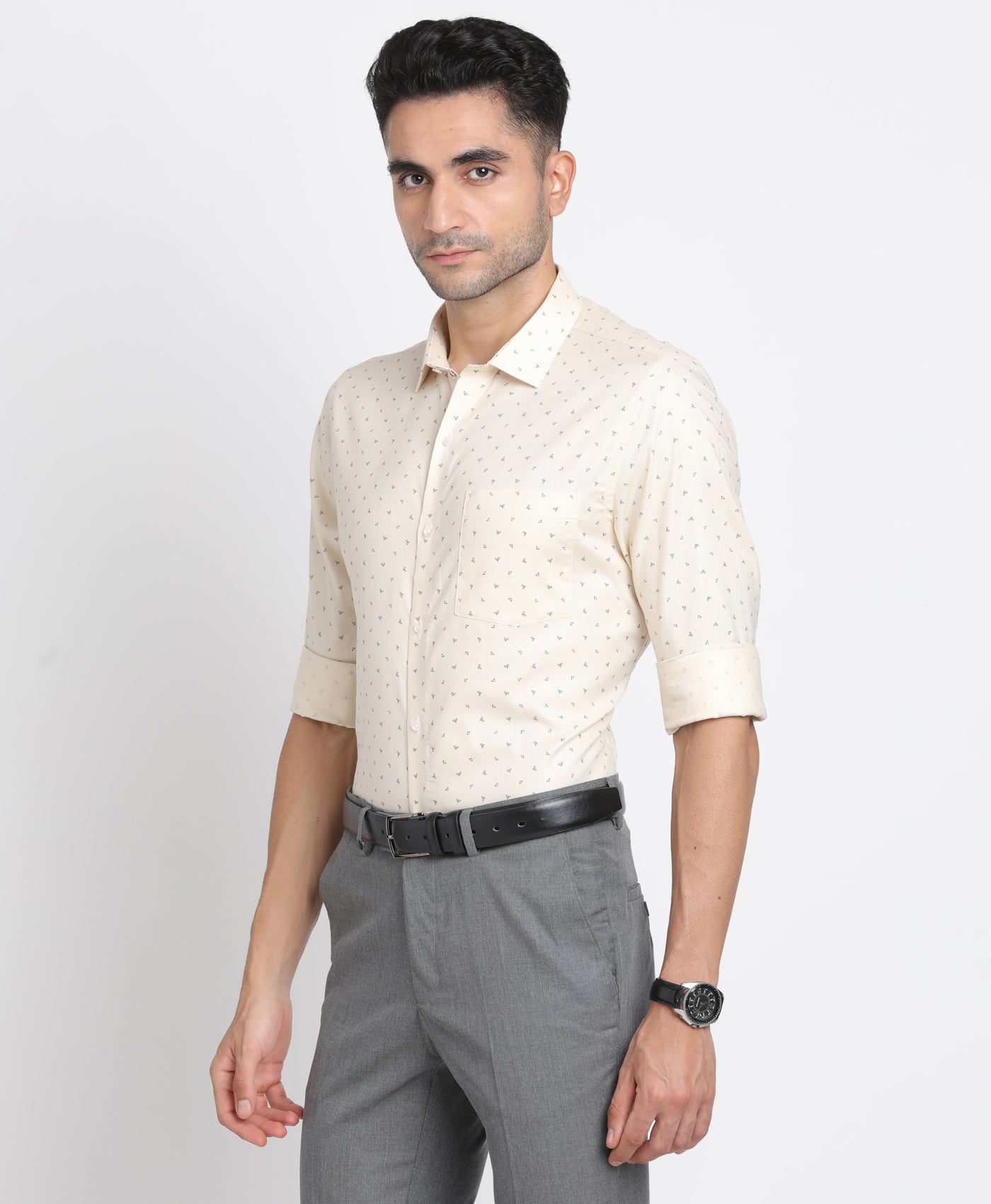 100% Cotton Beige Printed Slim Fit Full Sleeve Formal Shirt