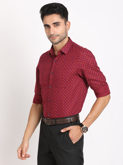 Cotton Linen Maroon Printed Slim Fit Full Sleeve Formal Shirt