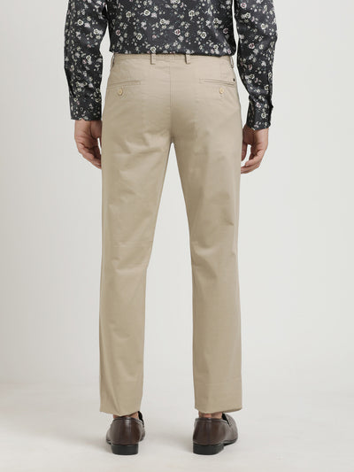 Cotton Stretch Beige Printed Ultra Slim Fit Flat Front Casual Trouser
