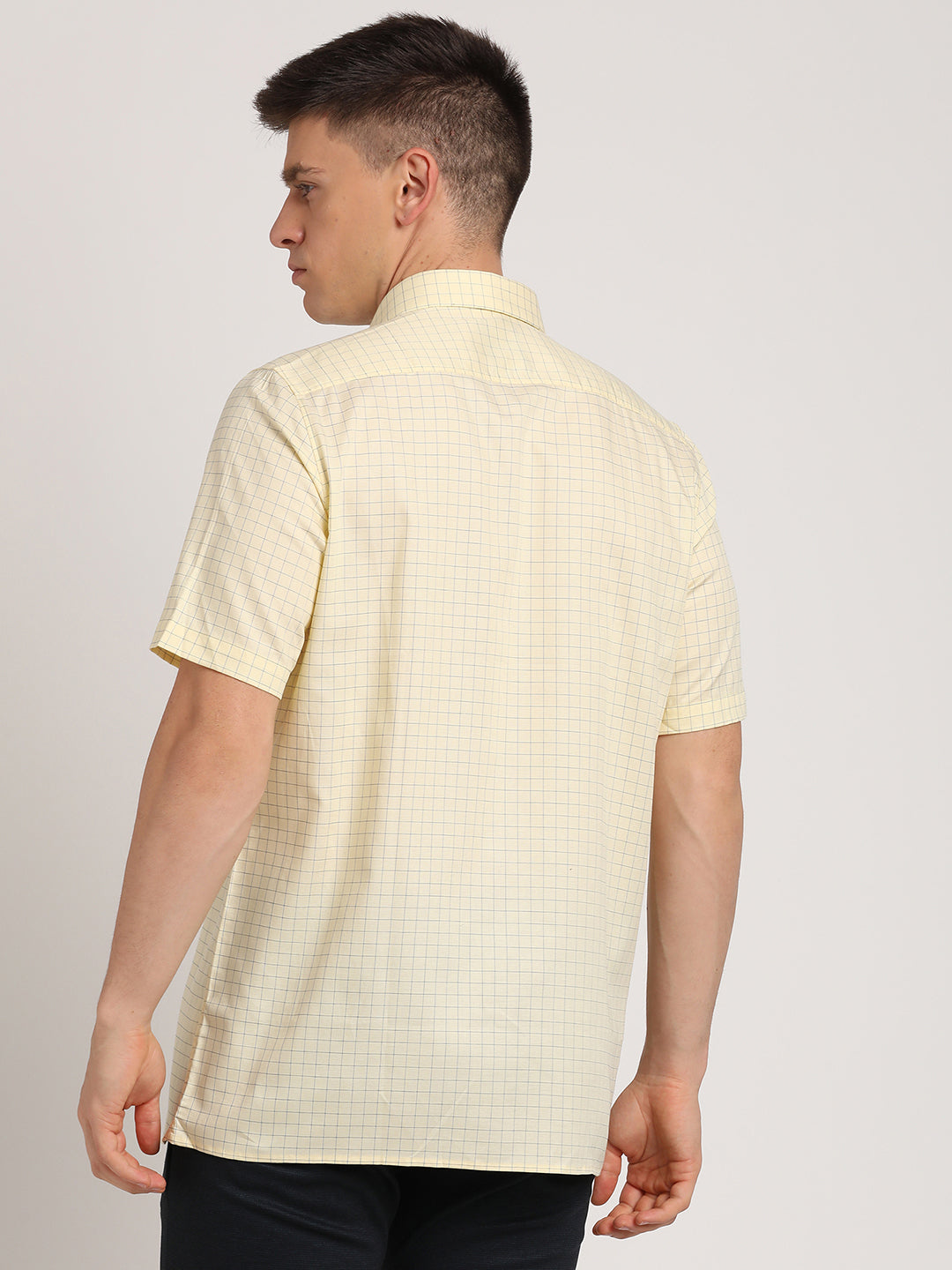 100% Cotton Cream Checkered Regular Fit Half Sleeve Formal Shirt