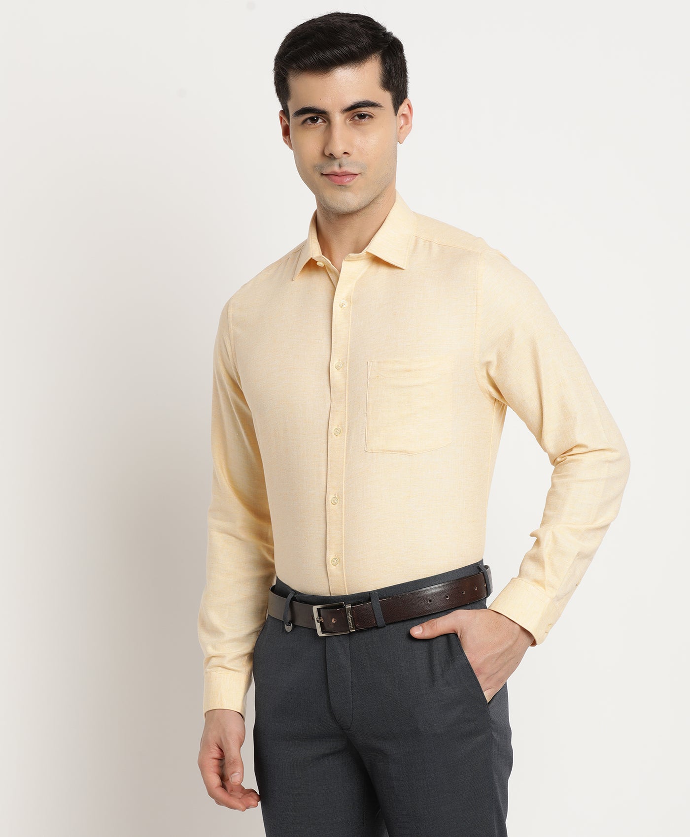 100% Cotton Yellow Plain Slim Fit Full Sleeve Formal Shirt
