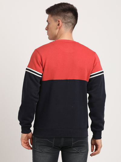 Poly Cotton Navy & Brick Red Striped Regular Fit Full Sleeve Casual Sweatshirt