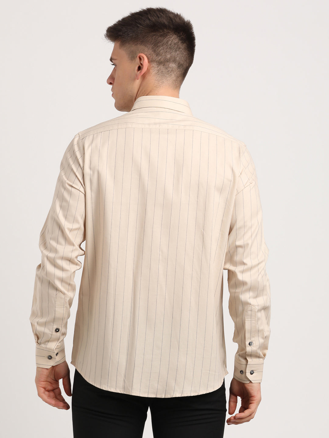 100% Cotton Beige Striped Slim Fit Full Sleeve Formal Shirt