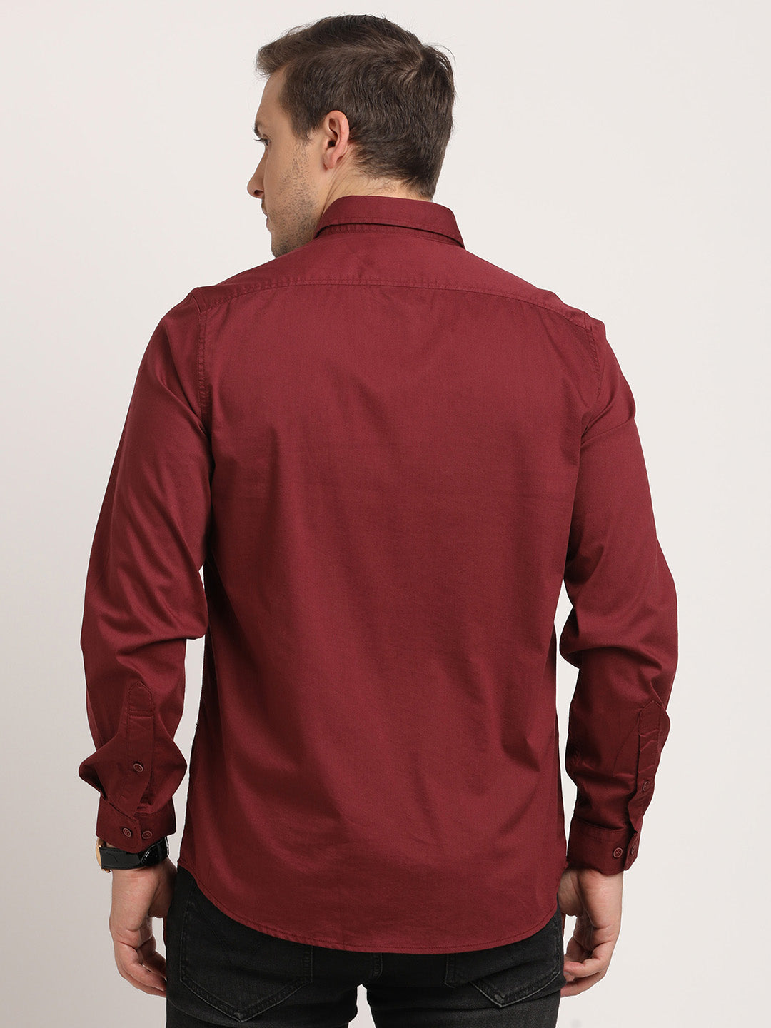 Cotton Stretch Maroon Plain Slim Fit Full Sleeve Casual Shirt