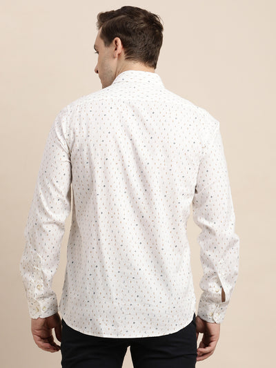 100% Cotton White Printed Slim Fit Full Sleeve Casual Shirt