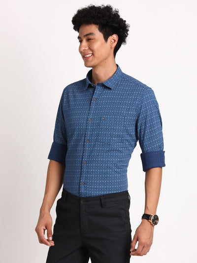 100% Cotton Blue Printed Slim Fit Full Sleeve Casual Shirt