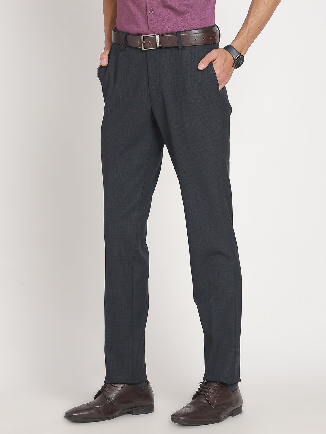 Cotton Stretch Charcoal Checkered Ultra Slim Fit Flat Front Formal Trouser