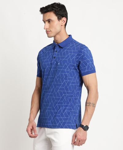 Turtle Men Cotton Blue Printed Polo Neck T-Shirts