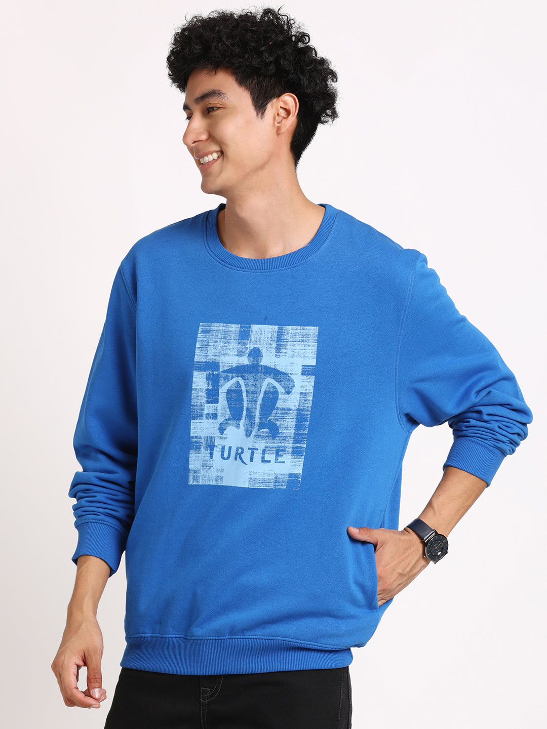 Cotton Stretch Royal Blue Plain Regular Fit Full Sleeve Casual Sweatshirt