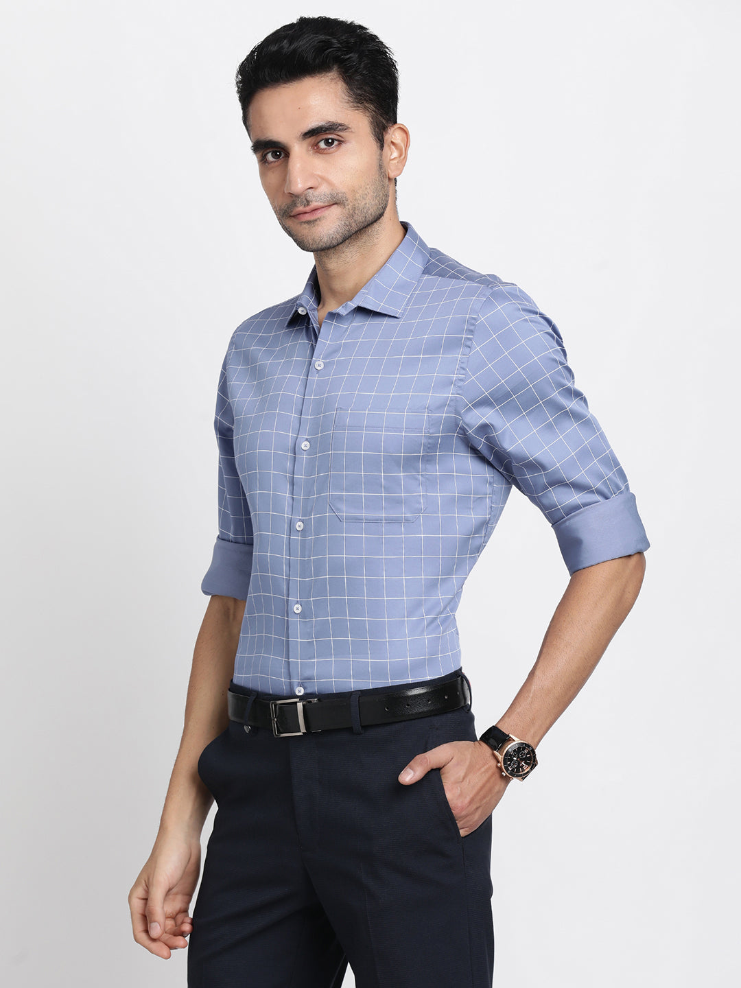 Polyester Stretch Blue Checkered Slim Fit Full Sleeve Formal Shirt