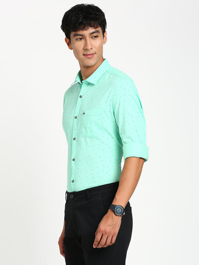 Cotton Tencel Sea Green Printed Slim Fit Full Sleeve Casual Shirt