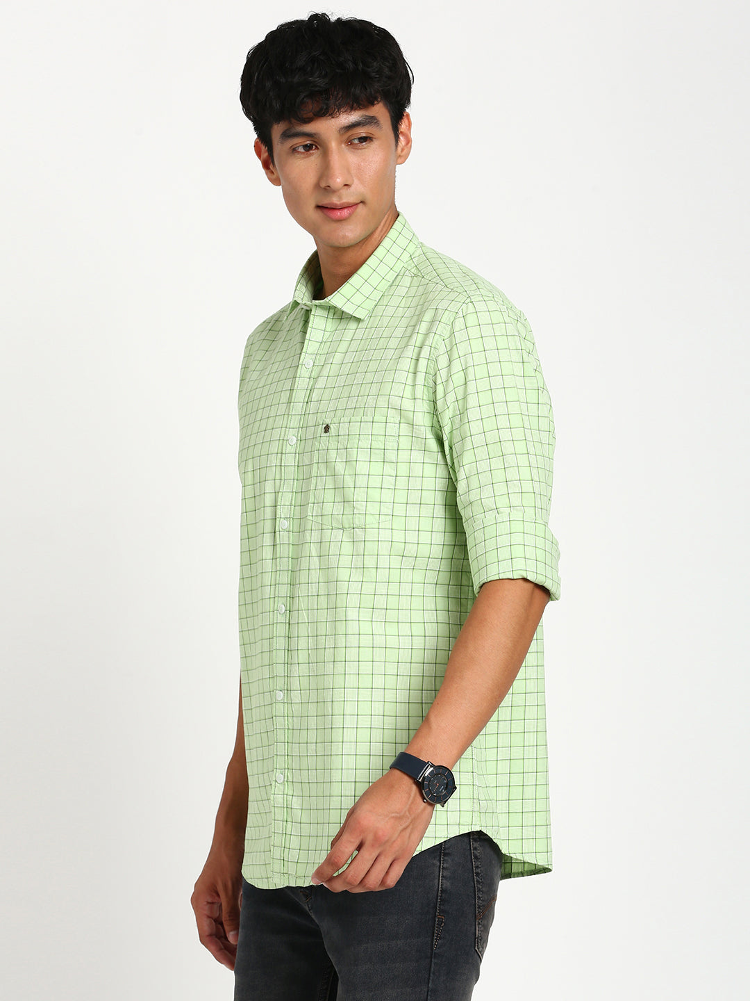 100% Cotton Green Checkered Slim Fit Full Sleeve Casual Shirt