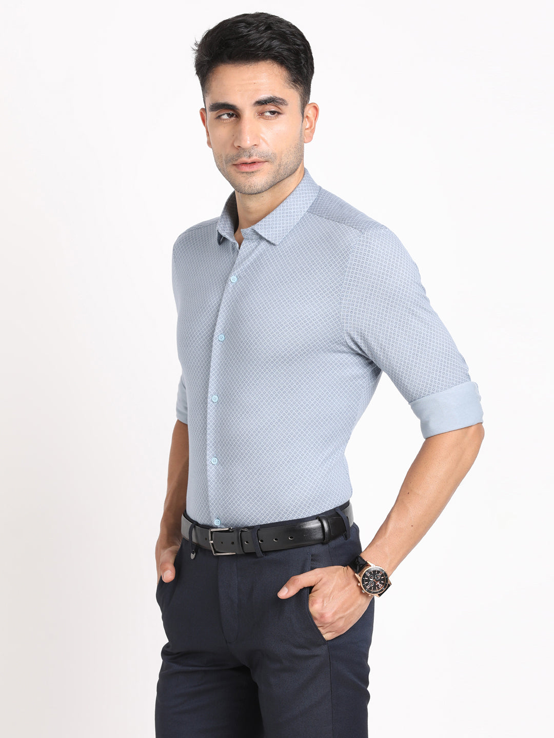 Cotton Grey Printed Slim Fit Full Sleeve Formal Shirt