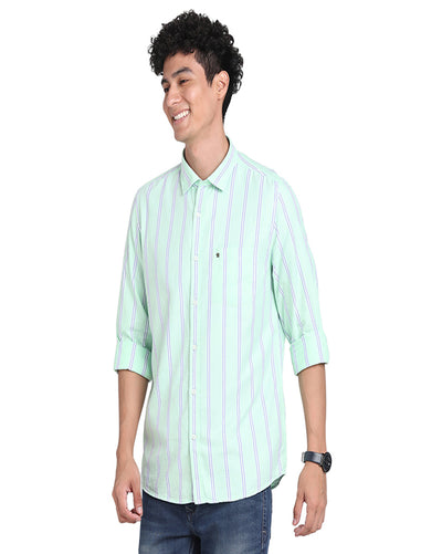 100% Cotton Light Green Striped Slim Fit Full Sleeve Casual Shirt