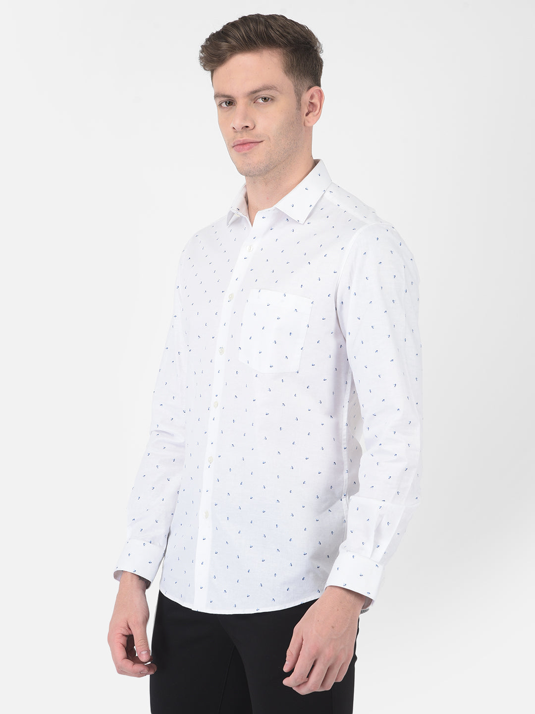 Cotton Linen White Printed Slim Fit Full Sleeve Formal Shirt