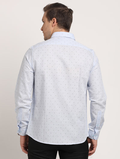 Cotton Linen Light Blue Printed Slim Fit Full Sleeve Formal Shirt