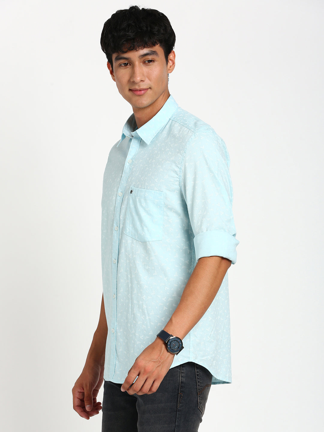 100% Cotton Blue Plain Slim Fit Full Sleeve Casual Shirt