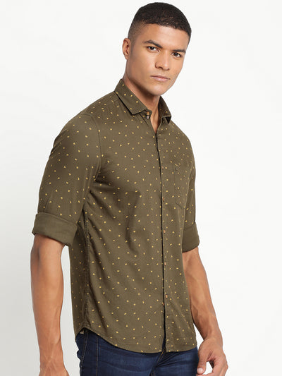 100% Cotton Olive Printed Slim Fit Full Sleeve Casual Shirt