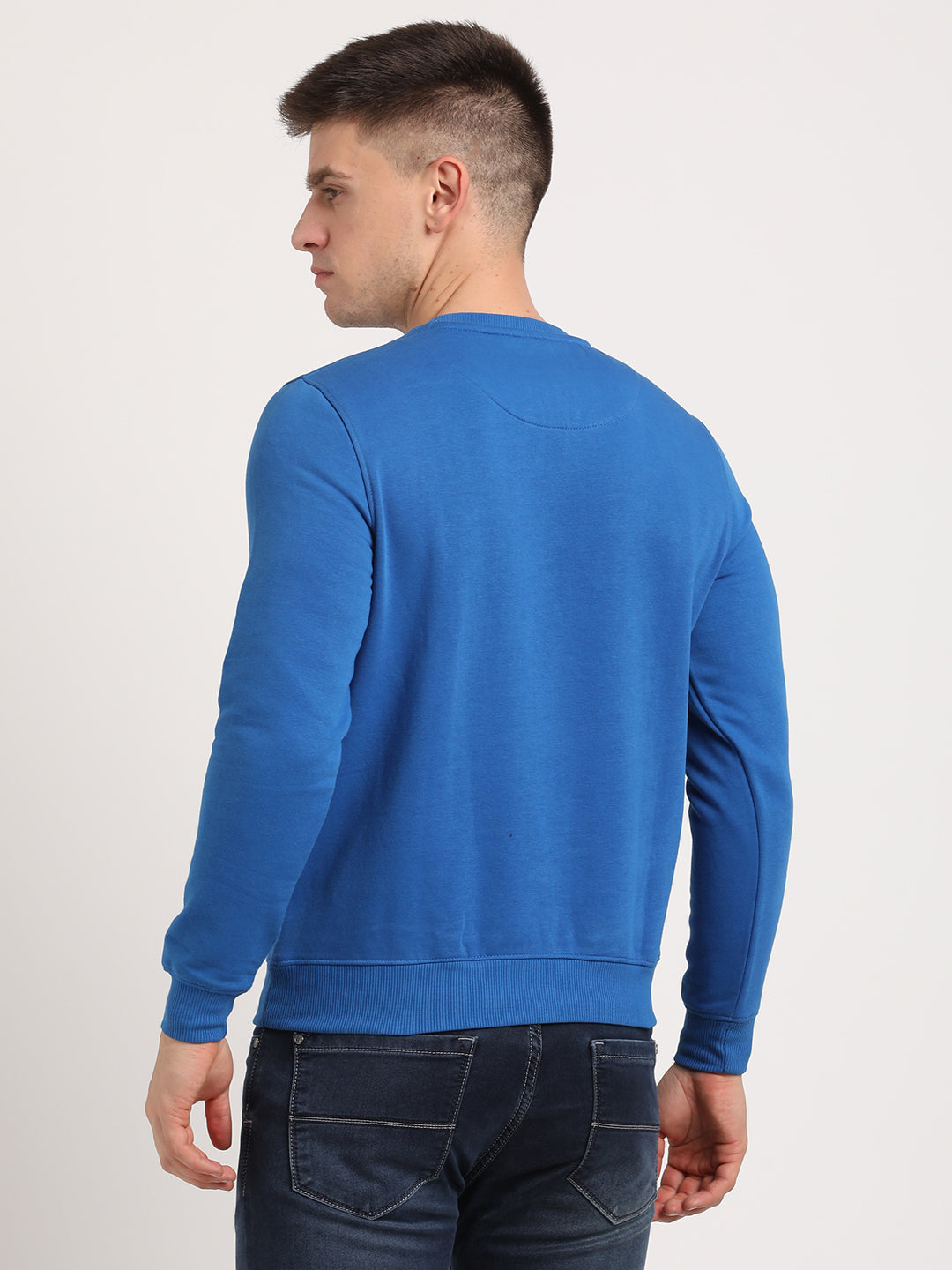 Cotton Stretch Blue Plain Regular Fit Full Sleeve Casual Pullover