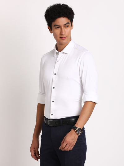 Poly Spandex Melange White Plain Ultra Slim Fit Full Sleeve Formal Shirt