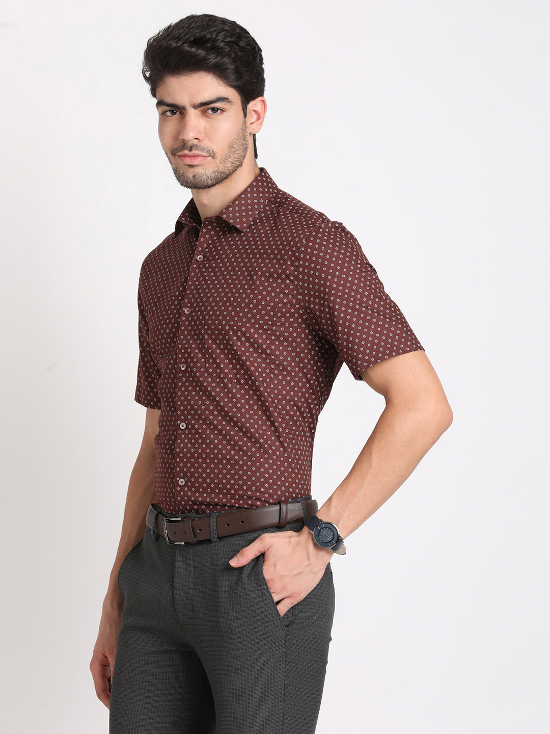 100% Cotton Brown Printed Regular Fit Half Sleeve Formal Shirt